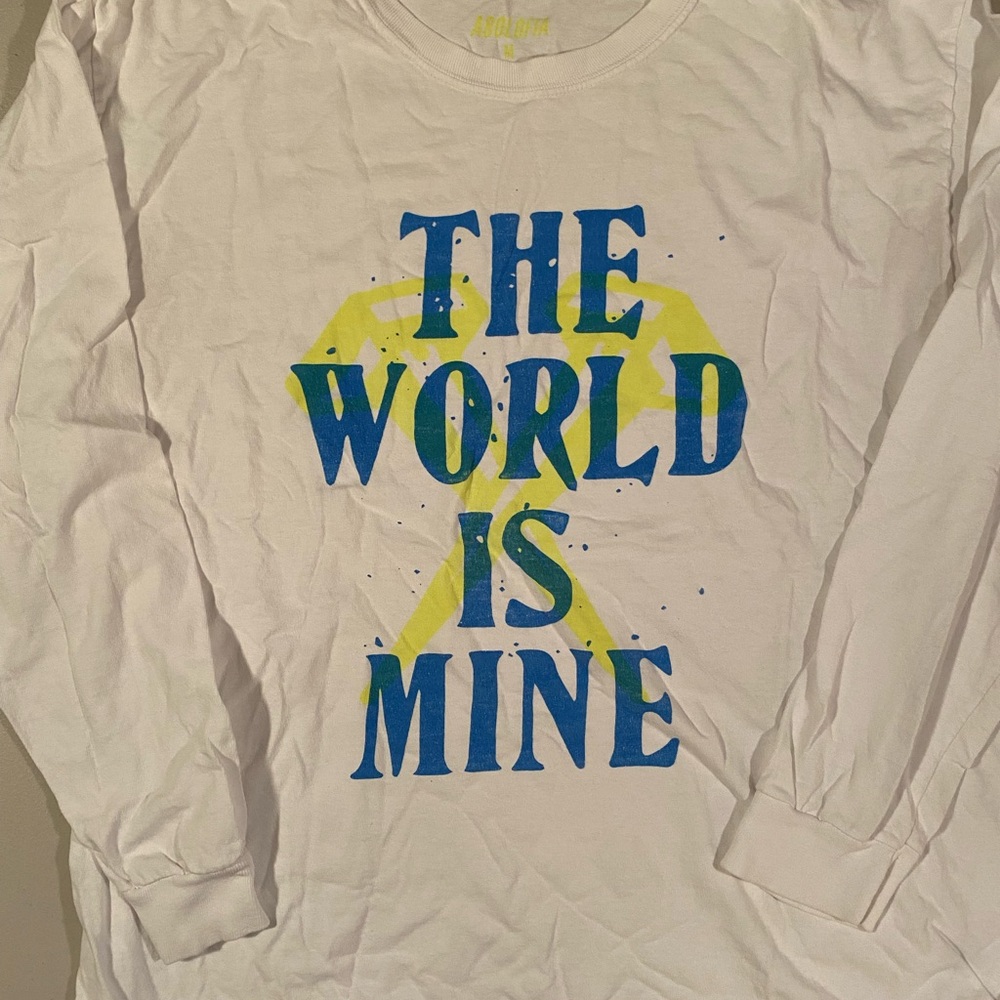 White Long Sleeve Shirt with Blue and Yellow Print